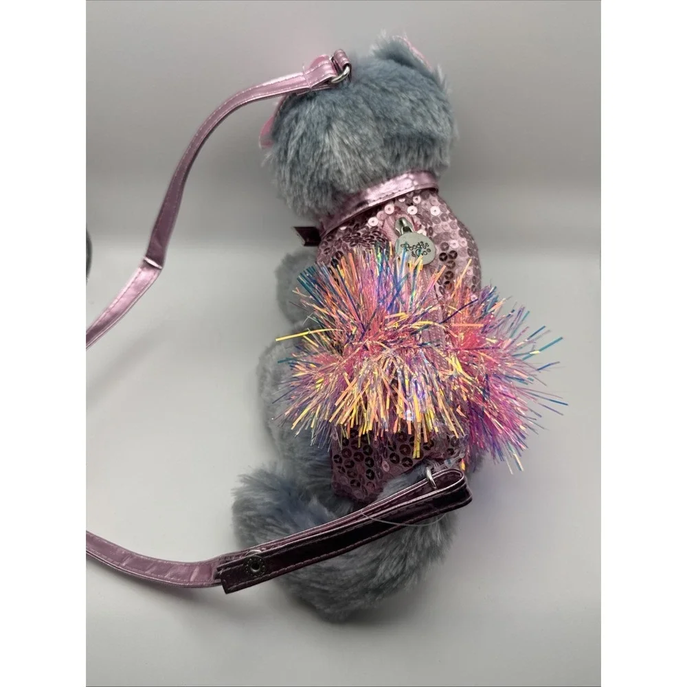 Poochie & Co Gray Plush Kitty Purse w/Strap Pink Sequined TuTu Collar & Tag Zip